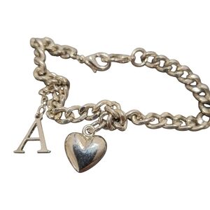Vintage Y2K Puffed Heart Silver Toned Chain Charm Bracelet "A" Charm Boho Summer